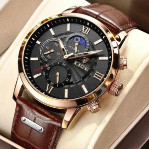 Montre Homme LIGE Luxe Chronographe - Phase de Lune & Bracelet Cuir VIP
