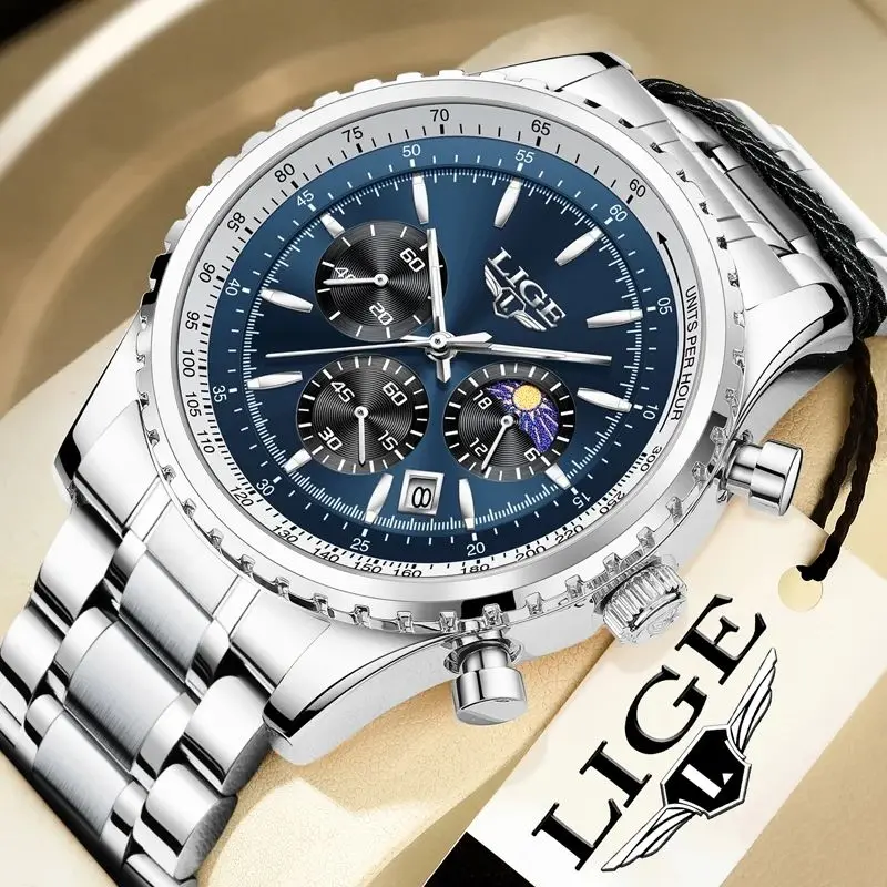 Montre Homme LIGE 8989 de Luxe – Chronographe en Acier Inoxydable & Étanche