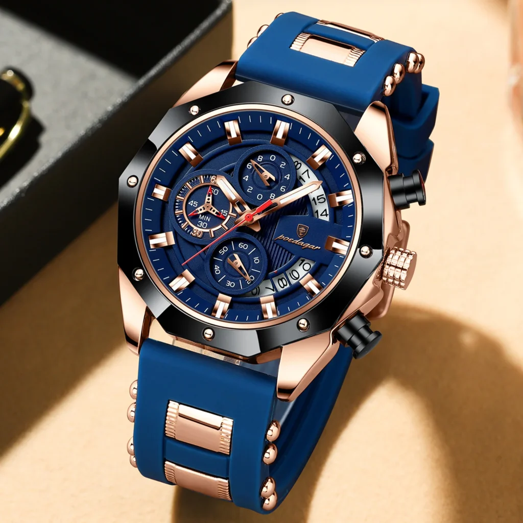 Montre Homme POEDAGAR 913 Chronographe – Bracelet Silicone & Cadran Lumineux