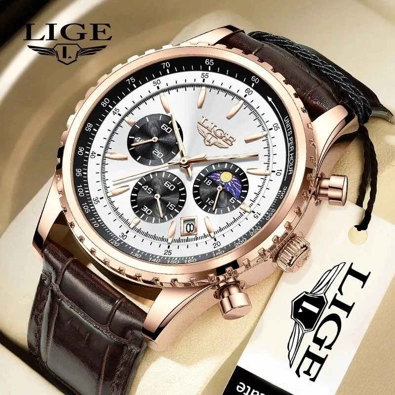 Montre Homme LIGE Luxe Chronographe - Phase de Lune & Bracelet Cuir