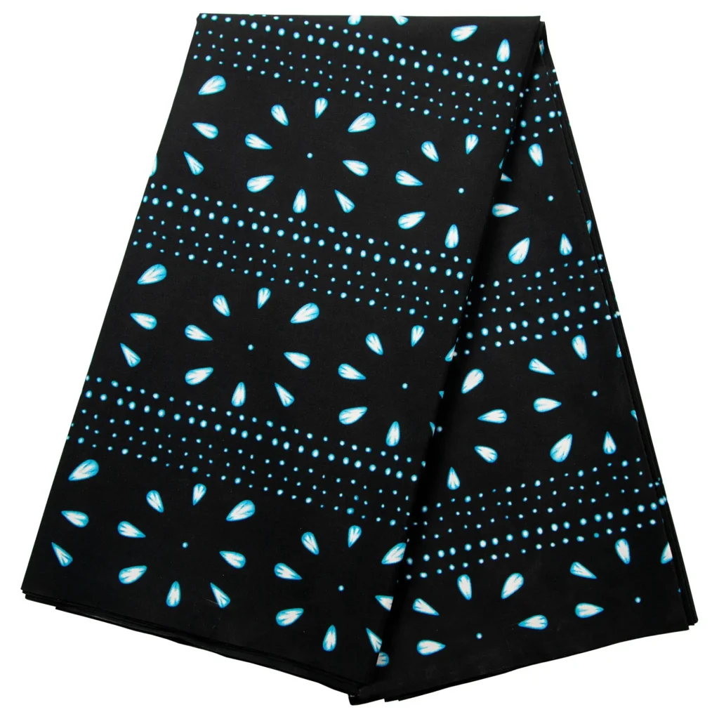 Tissu Bazin / Wax Noir aux Motifs Géométriques Bleus (Batik)