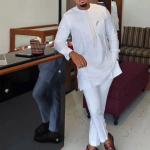 Costume de mariage pour hommes Pantalon de poche brodé blanc Ensemble Homme Vêtements décontractés traditionnels africains 2 pièces Ensembles Tenues Kaftan