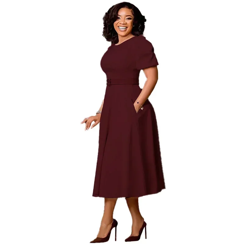 Robe Africaine Élégante Mi-Longue pour Femme - Col Rond, Manches Courtes & Taille Cintré Chic – Image 5