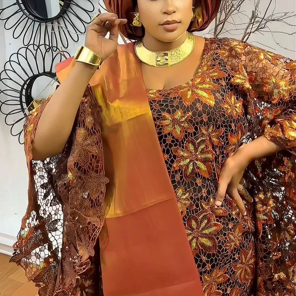 Robe Boubou Africain Élégante en Dentelle & Broderie avec Écharpe Assortie - Abaya/Dashiki Tendance Luxe – Image 3