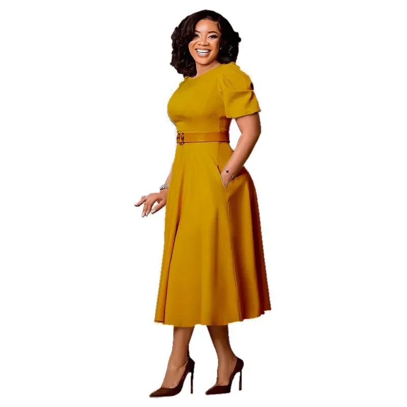 Robe Africaine Élégante Mi-Longue pour Femme - Col Rond, Manches Courtes & Taille Cintré Chic – Image 3