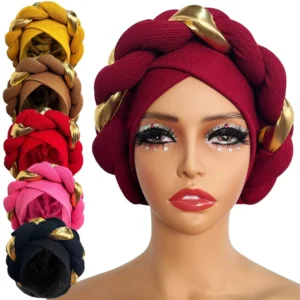 Bonnet Turban Femme Élégant Tressé avec Anneaux Dorés - Bonnet Tête Africain & Hijab Chic