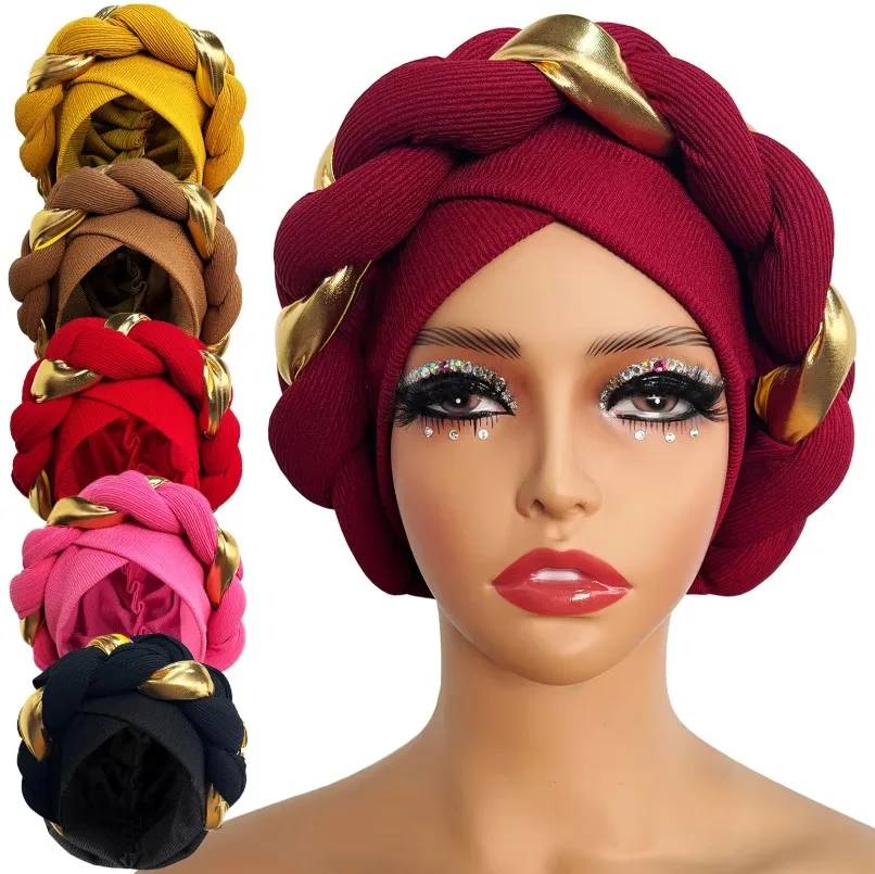 Bonnet Turban Femme Élégant Tressé avec Anneaux Dorés - Bonnet Tête Africain & Hijab Chic