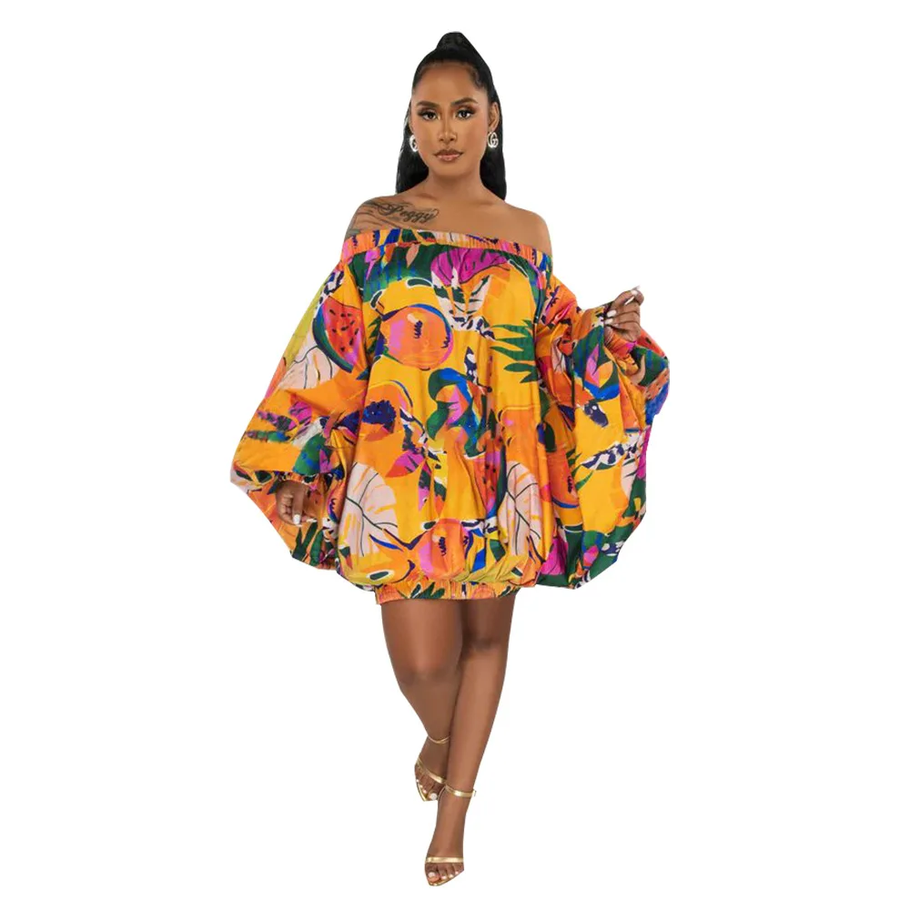 Robe Courte Épaules Dénudées Imprimé Coloré d'Été - Coupe Ample Bouffante & Style Africain Chic