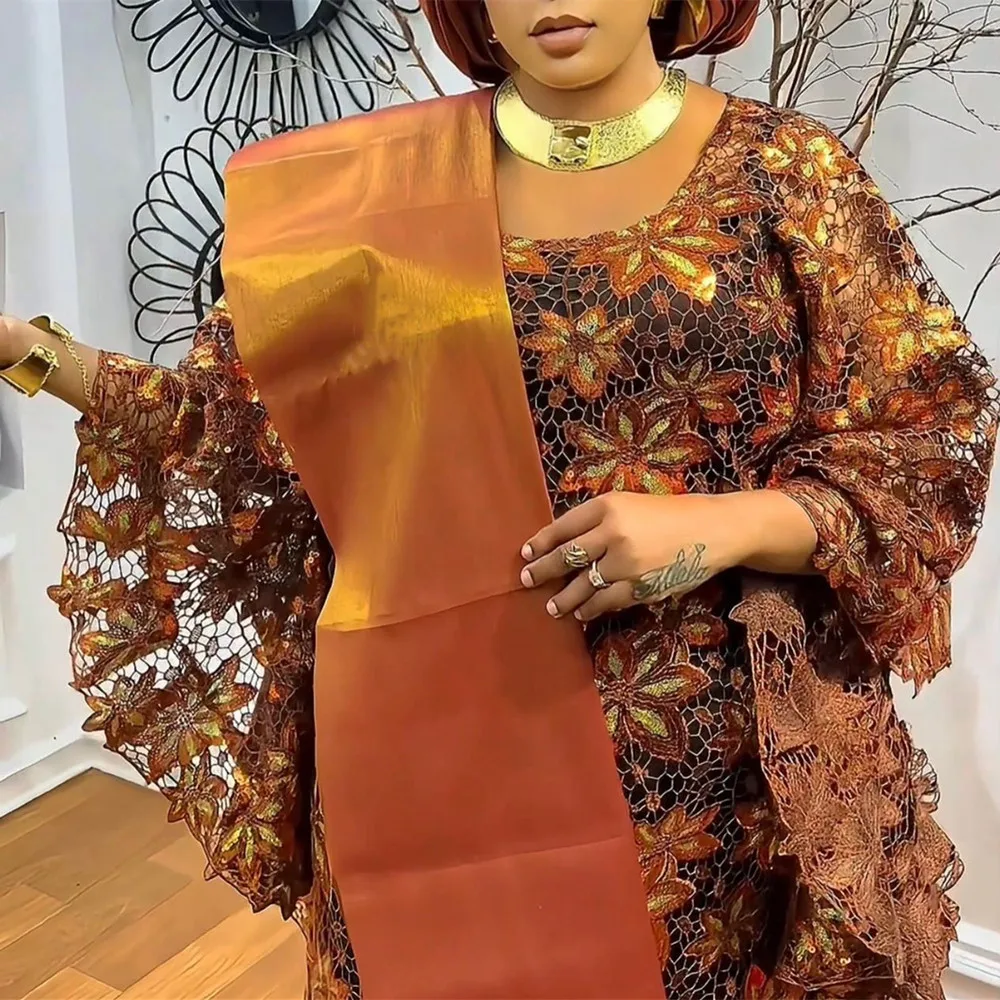 Robe Boubou Africain Élégante en Dentelle & Broderie avec Écharpe Assortie - Abaya/Dashiki Tendance Luxe – Image 2