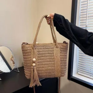 Sac Cabas en Paille Tissé à la Main - Sac à Épaule Été Grand Format avec Pompon Tendance